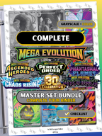 Complete Mega Evolution master set Bundle binder page showing grayscale and color Pokémon cards, designed as a digital download with checklist to complete a collector’s binder.