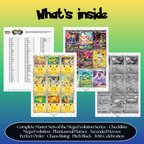 Complete Mega Evolution Set with 30th Celebration, Pitch Black, Chaos Rising, Perfect Order, Ascended Heroes and Phantasmal Flames master set overview showing the included Pokémon cards to print and a full color checklist for the Mega Evolution binder.
