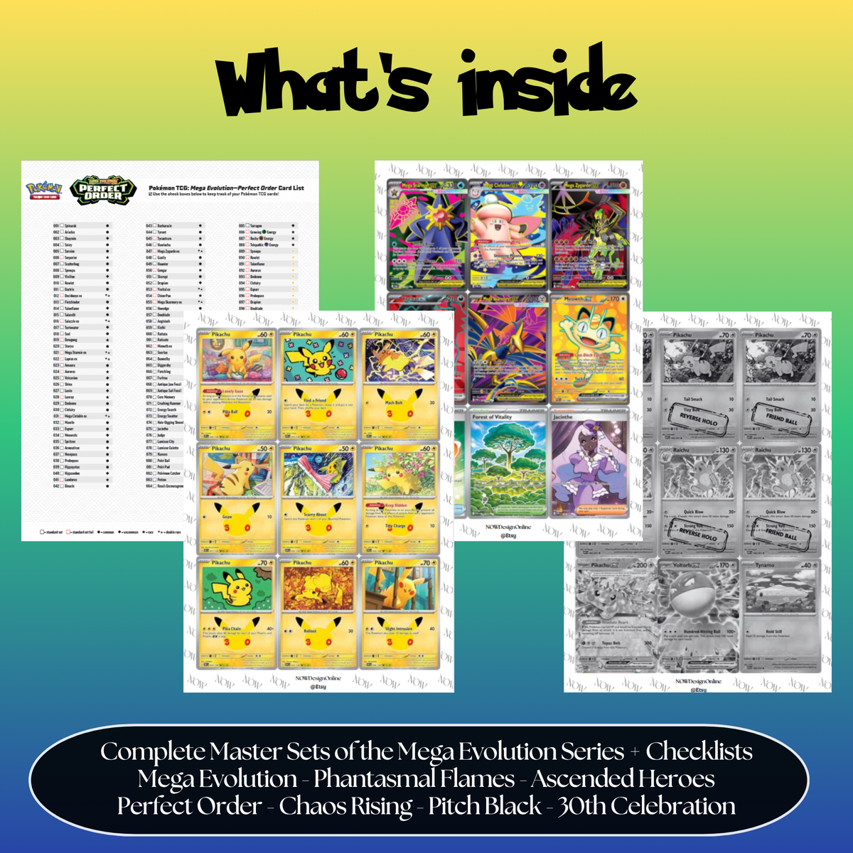 Complete Mega Evolution Set with 30th Celebration, Pitch Black, Chaos Rising, Perfect Order, Ascended Heroes and Phantasmal Flames master set overview showing the included Pokémon cards to print and a full color checklist for the Mega Evolution binder.