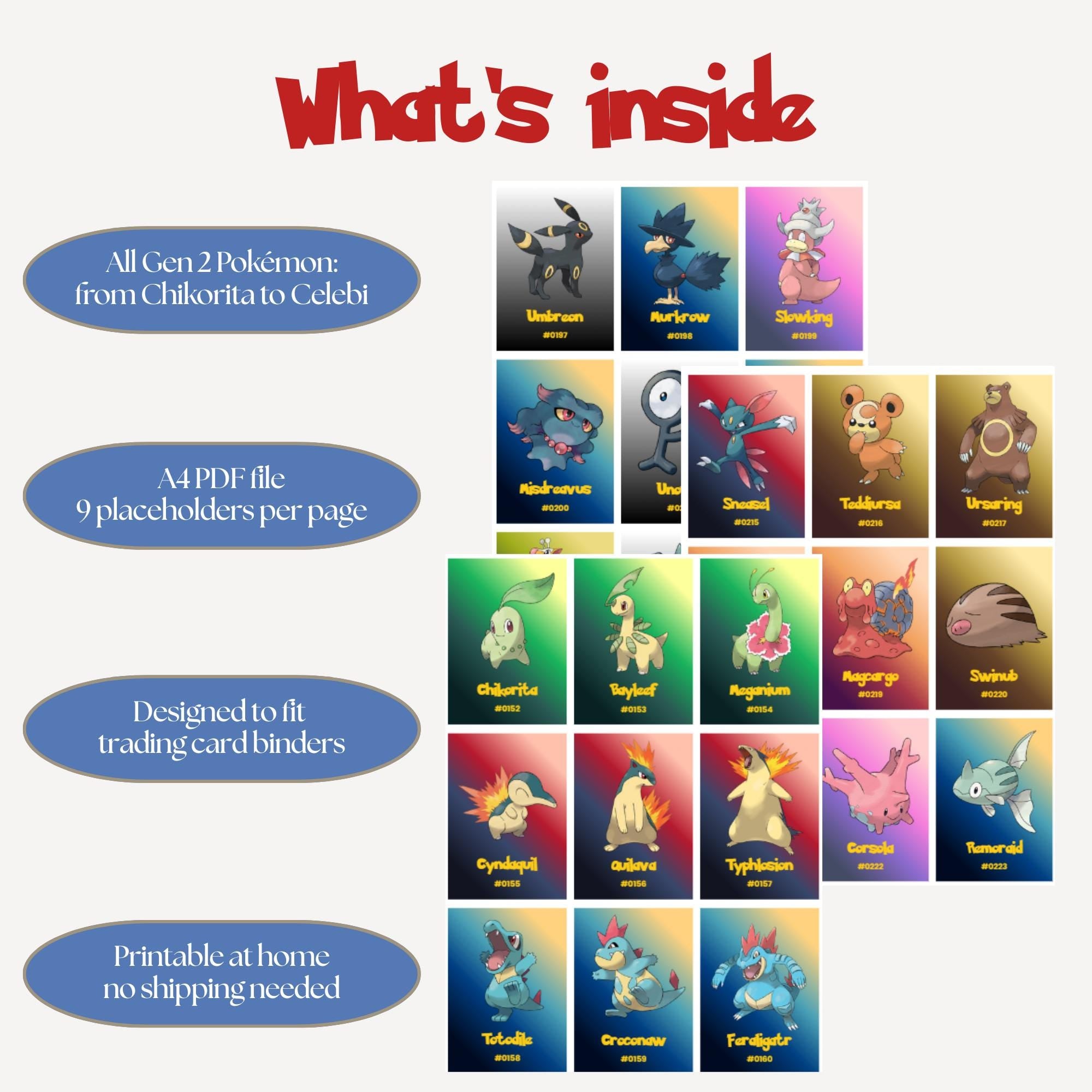 Pokémon Gen 2 National Pokedex Placeholders, Binder Inserts, Johto Collection (Digital Download)