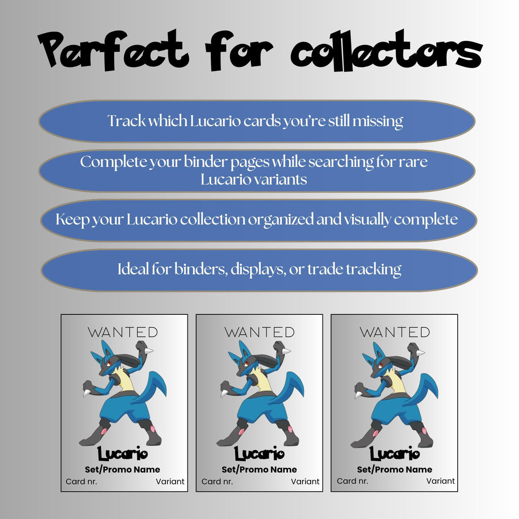 Lucario Pokémon TCG Binder Placeholders | Adjustable | Collection Tracker (Digital Download)