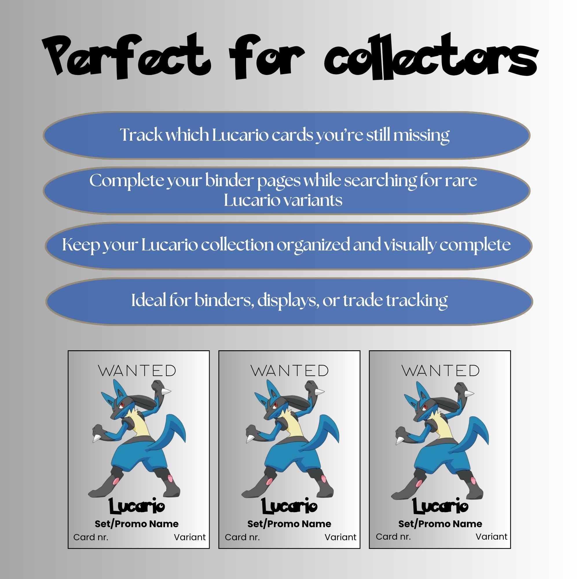 Lucario Pokémon TCG Binder Placeholders | Adjustable | Collection Tracker (Digital Download)