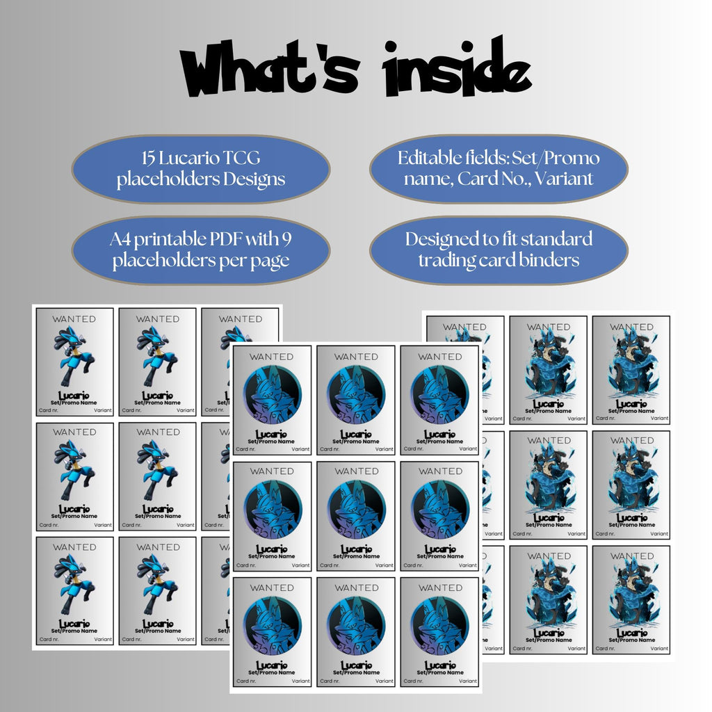Lucario Pokémon TCG Binder Placeholders | Adjustable | Collection Tracker (Digital Download)
