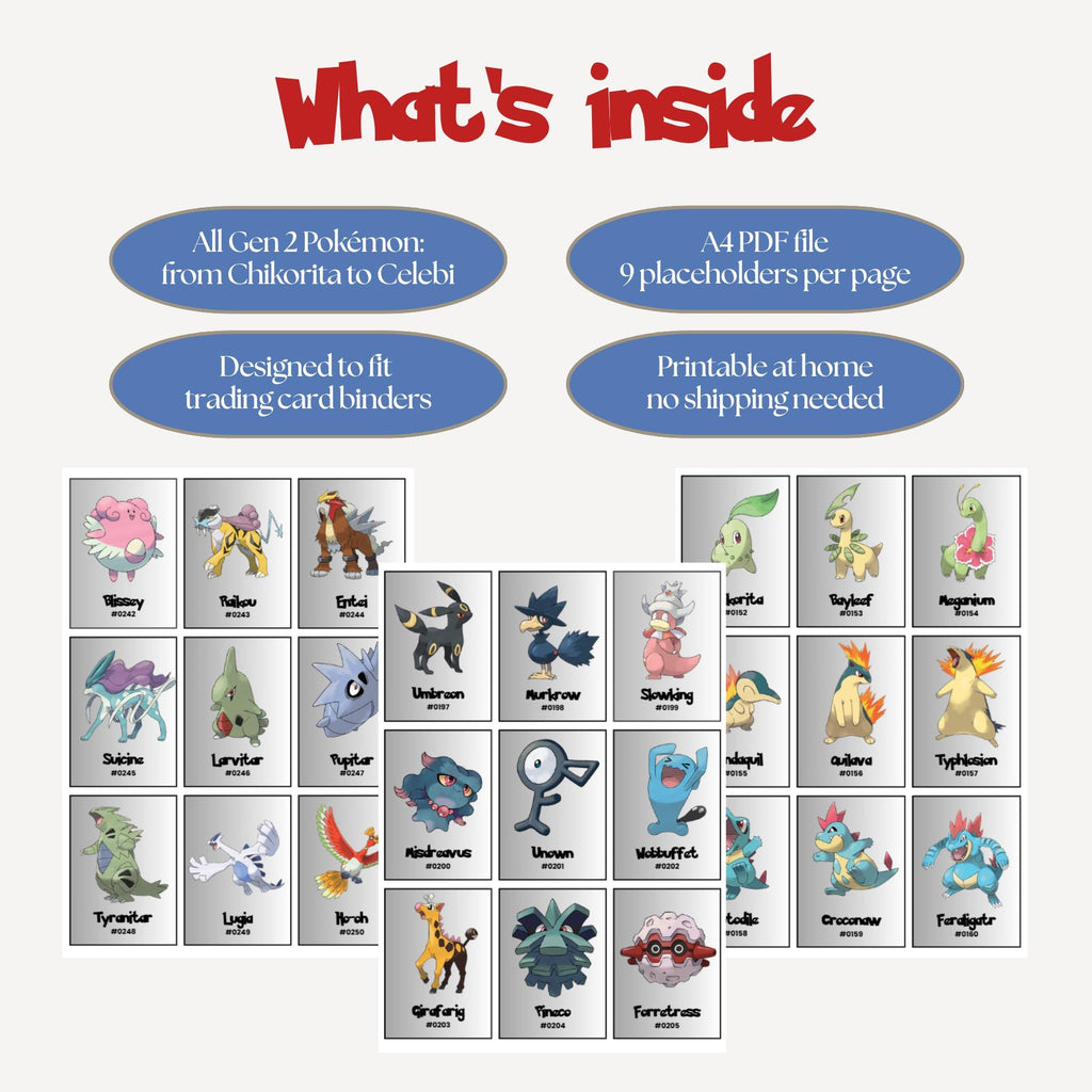 Pokemon Gen 2 Binder Inserts | Johto Collection (Digital Download), National Pokedex Placeholder