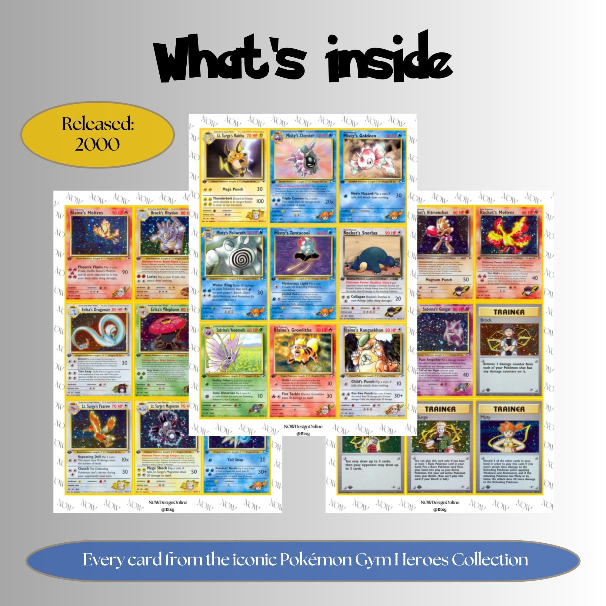 Gym Heroes master set overview showing the included Pokémon cards to print and a full color checklist for the Gym Heroes binder.