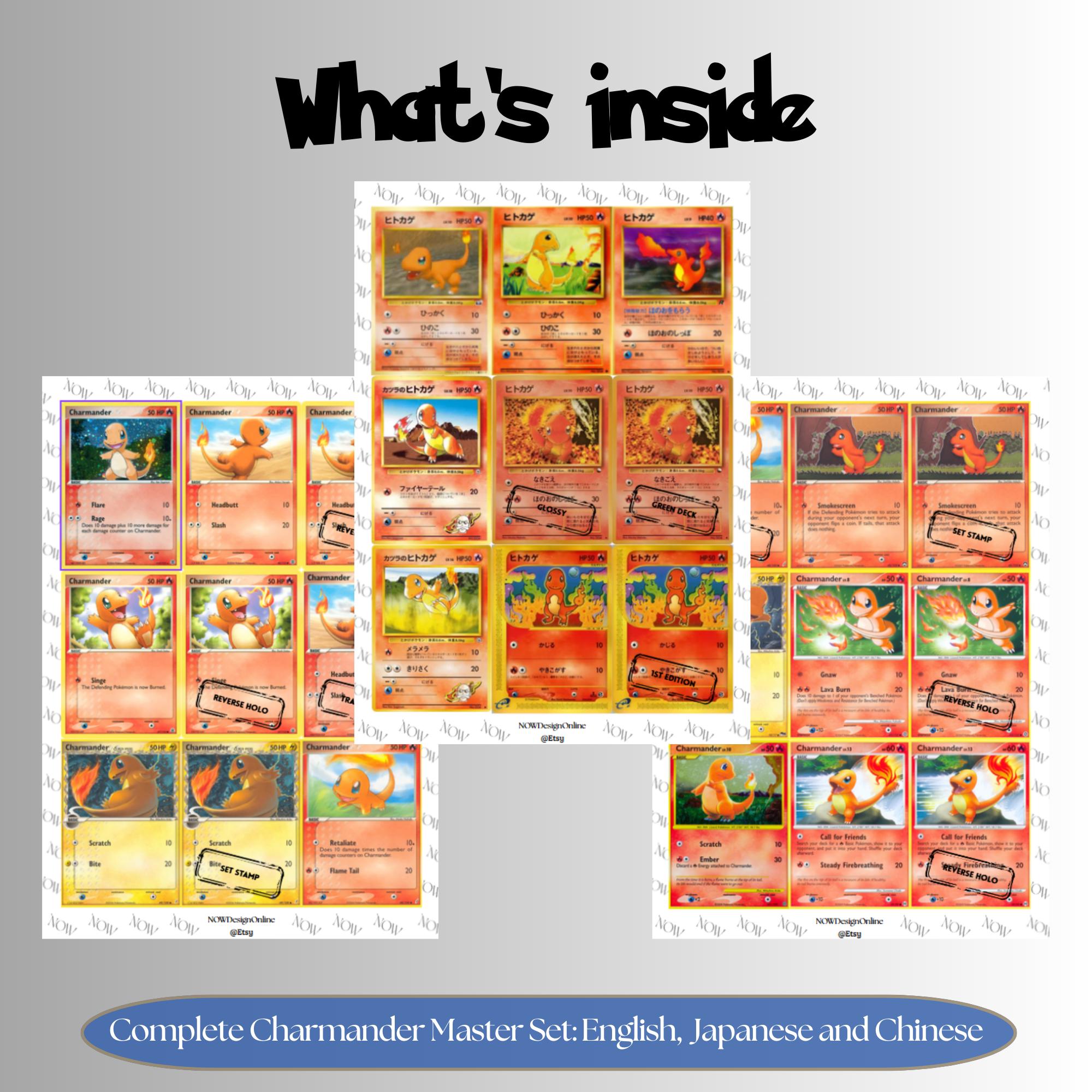 Charmander binder pages set overview showing the included Pokémon cards to print and cut for your binder sleeves.
