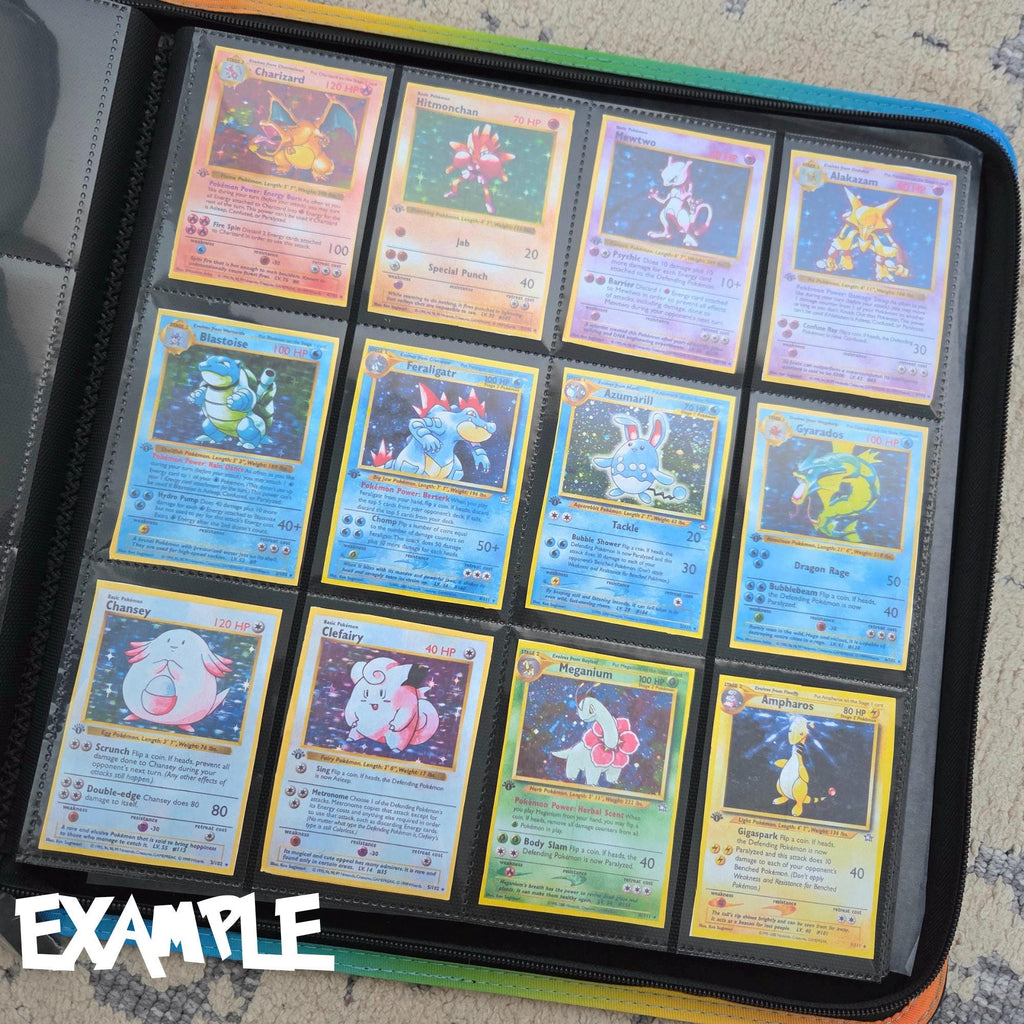 Impidimp binder example showing filled pages with Pokémon cards arranged in a complete master set layout.