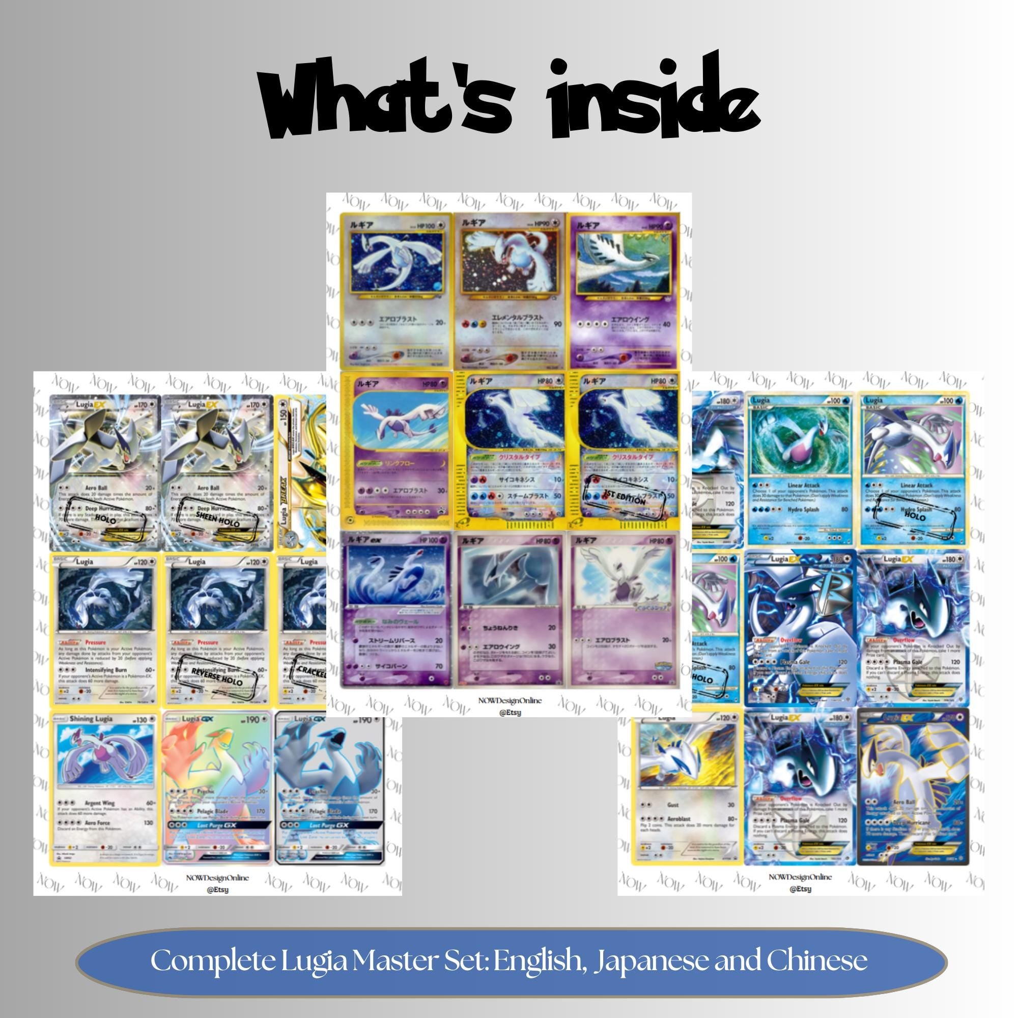 Lugia binder pages set showing grayscale and color Pokémon cards, designed as a digital download to complete a collector’s binder.
