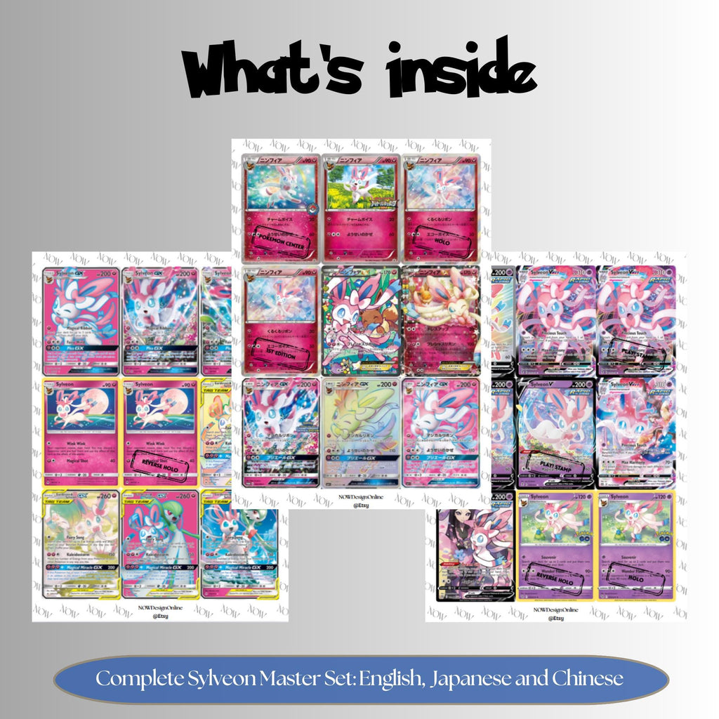 Sylveon binder pages set overview showing the included Pokémon cards to print and cut for your binder sleeves.