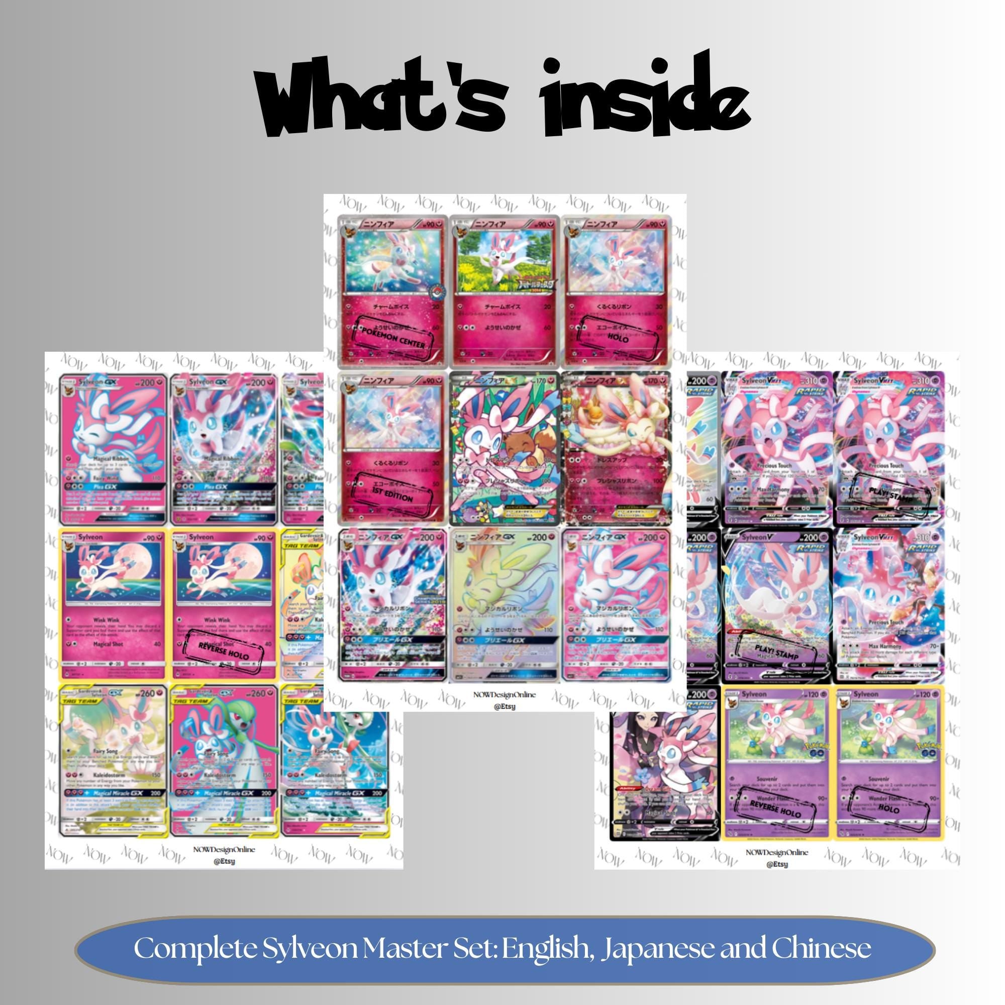Sylveon binder pages set overview showing the included Pokémon cards to print and cut for your binder sleeves.