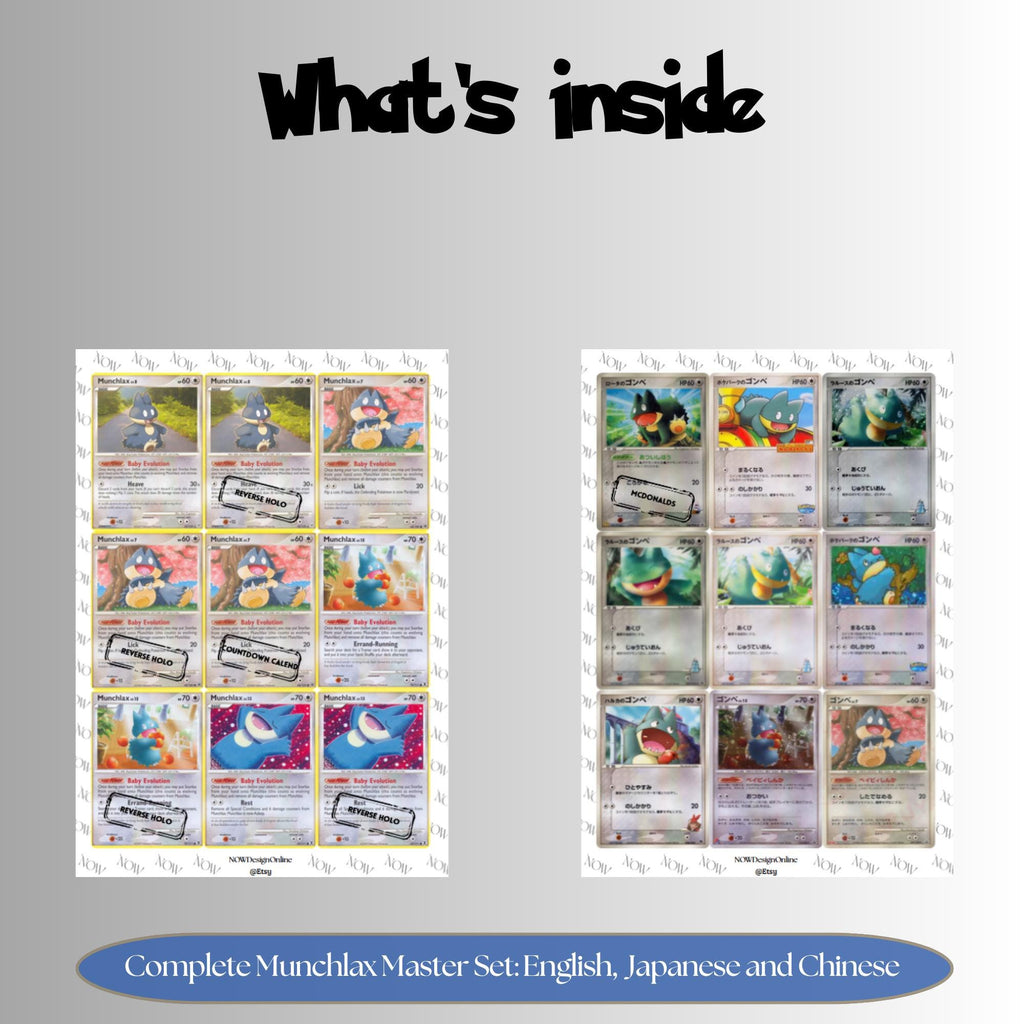 Munchlax binder pages set overview showing the included Pokémon cards to print and cut for your binder sleeves.