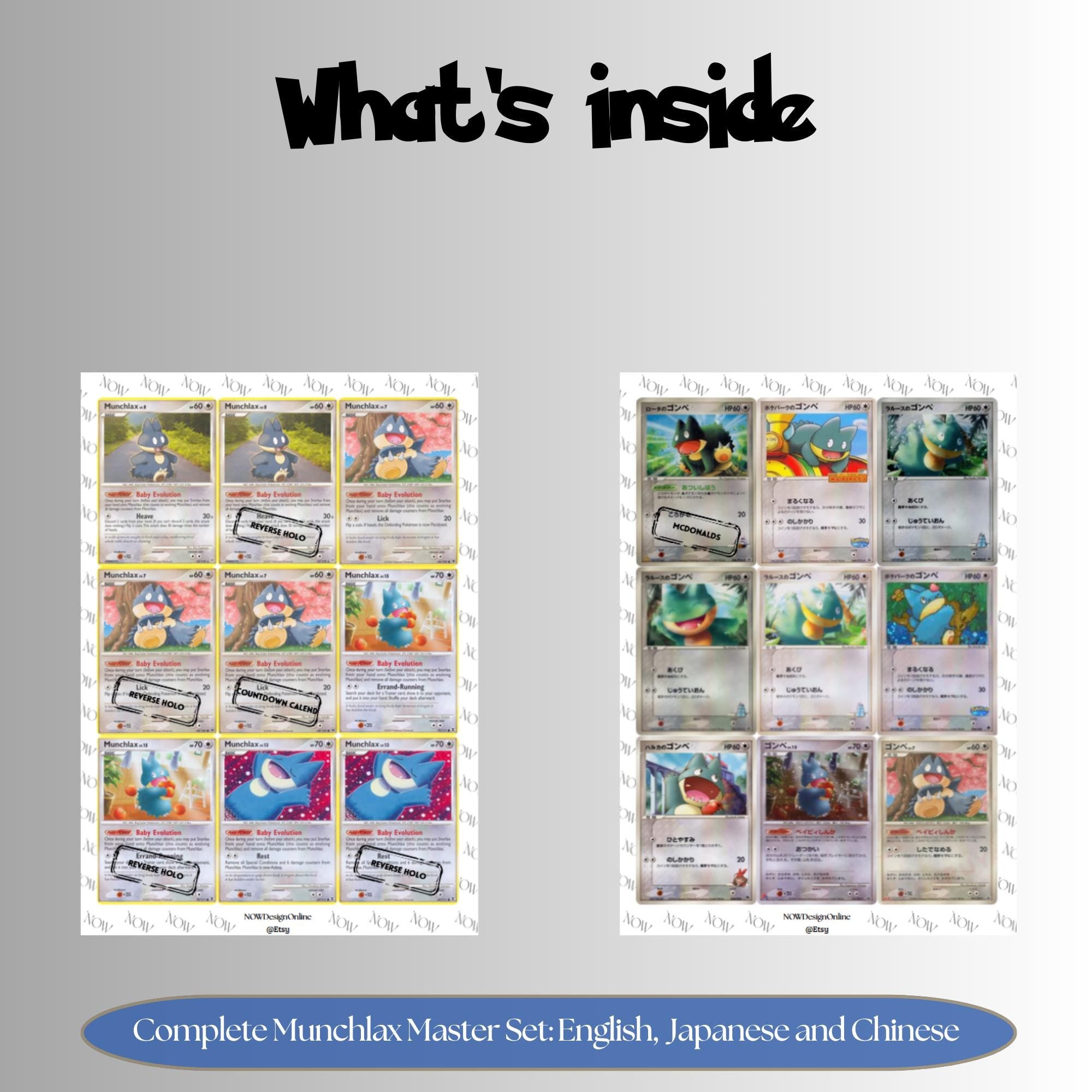 Munchlax binder pages set overview showing the included Pokémon cards to print and cut for your binder sleeves.