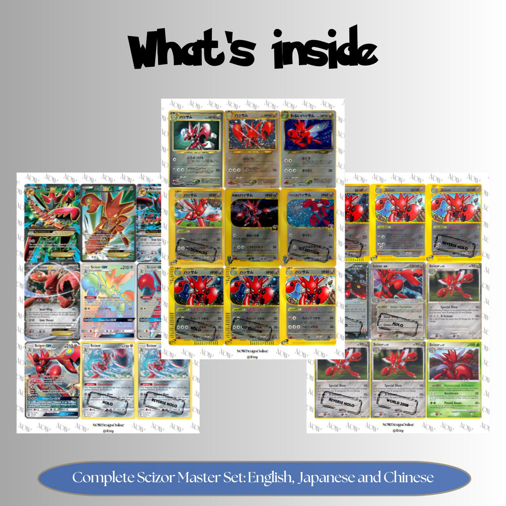 Scizor binder pages set overview showing the included Pokémon cards to print and cut for your binder sleeves.