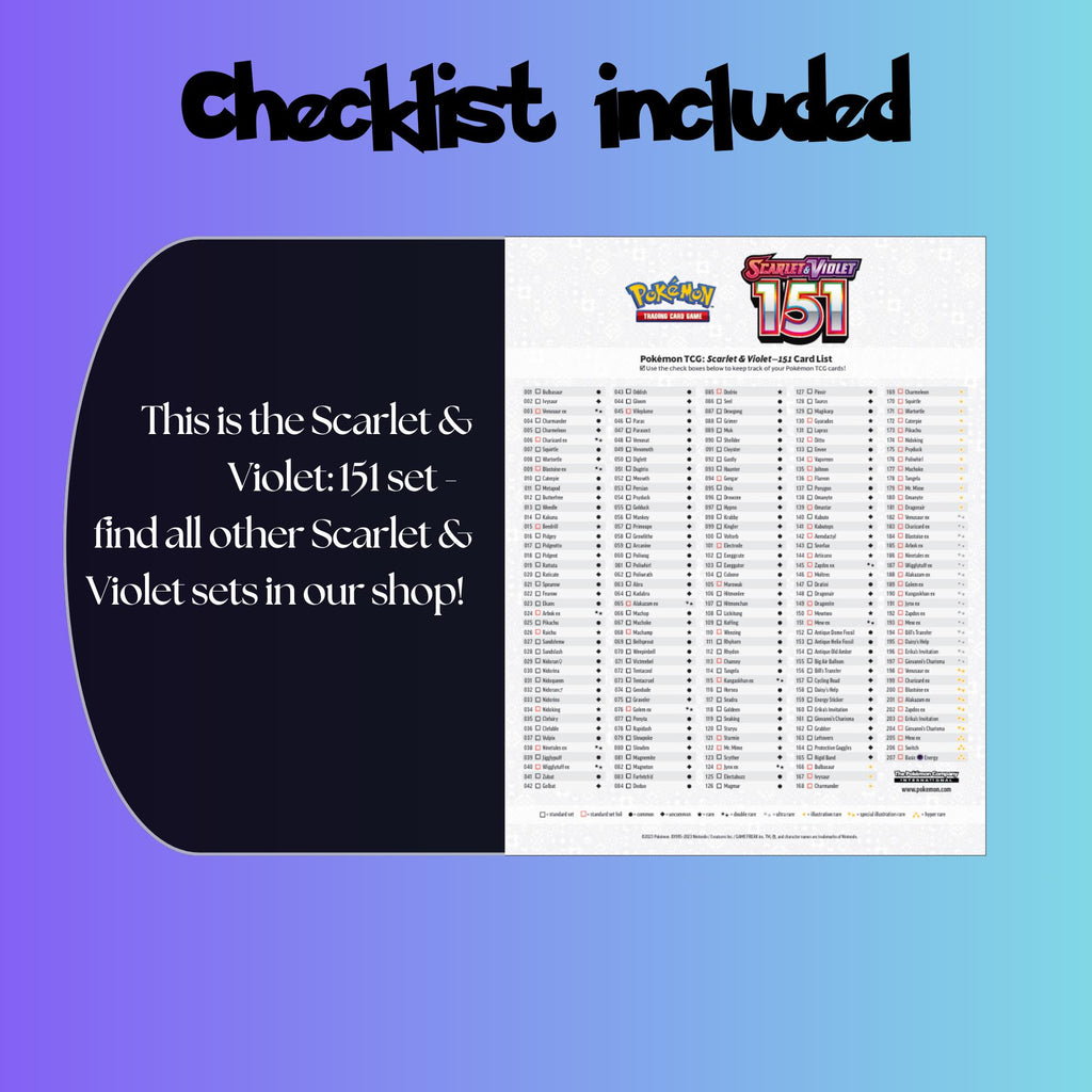 Example of the checklist that’s included to see which cards are all in the 151 set from the Scarlet & Violet Series.