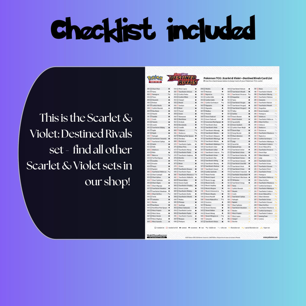 Example of the checklist that’s included to see which cards are all in the Destined Rivals set from the Scarlet & Violet Series.