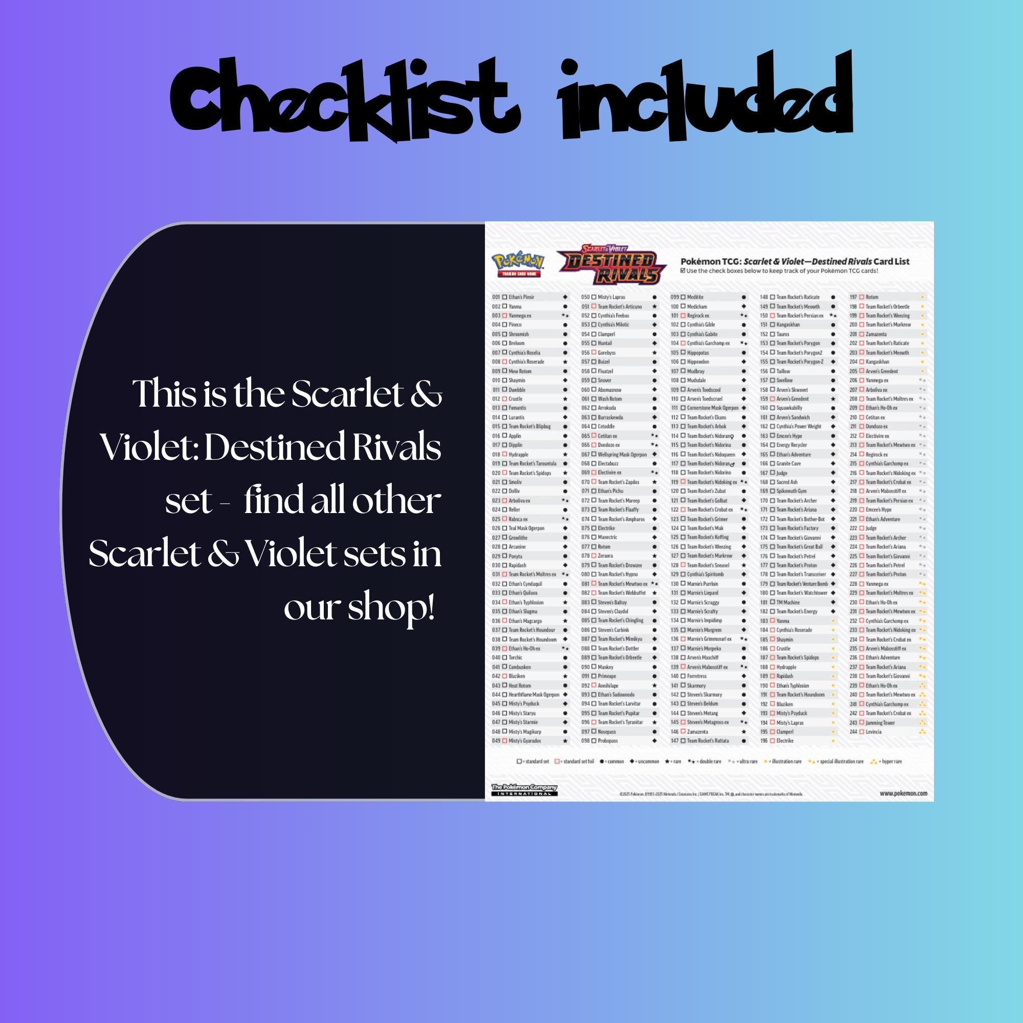 Example of the checklist that’s included to see which cards are all in the Destined Rivals set from the Scarlet & Violet Series.