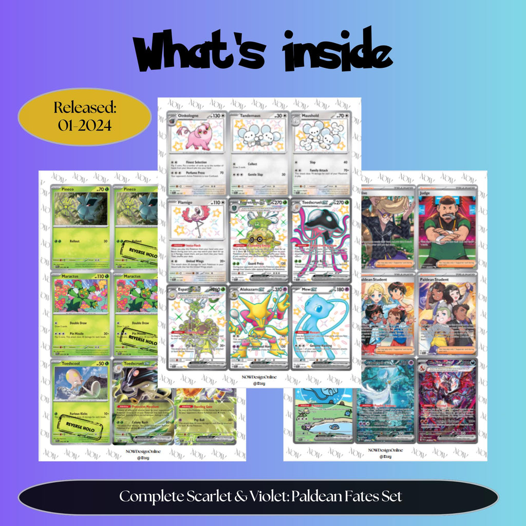 Paldean Fates master set overview showing the included Pokémon cards to print and a full color checklist for the Scarlet & Violet binder.