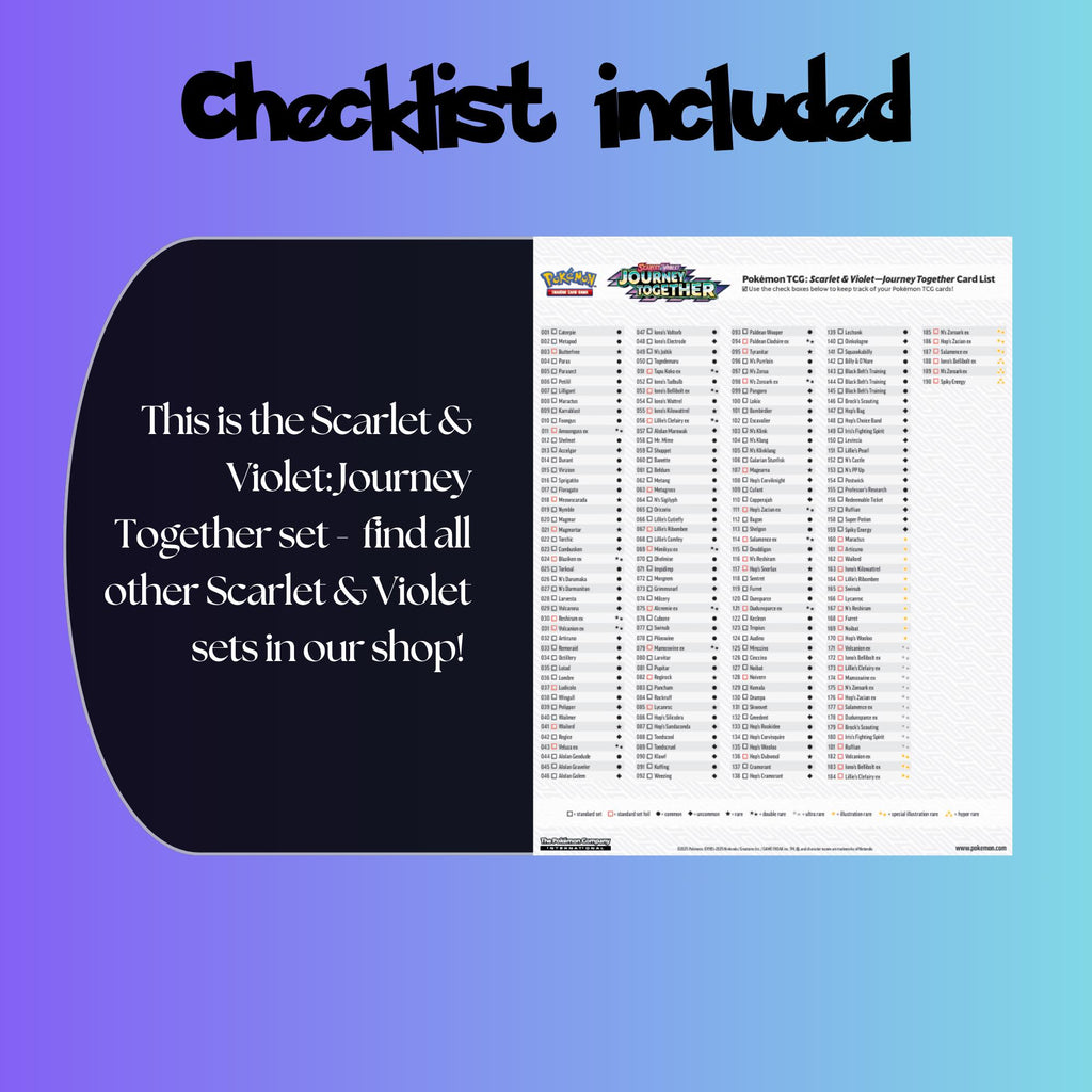 Example of the checklist that’s included to see which cards are all in the Journey Together set from the Scarlet & Violet Series.