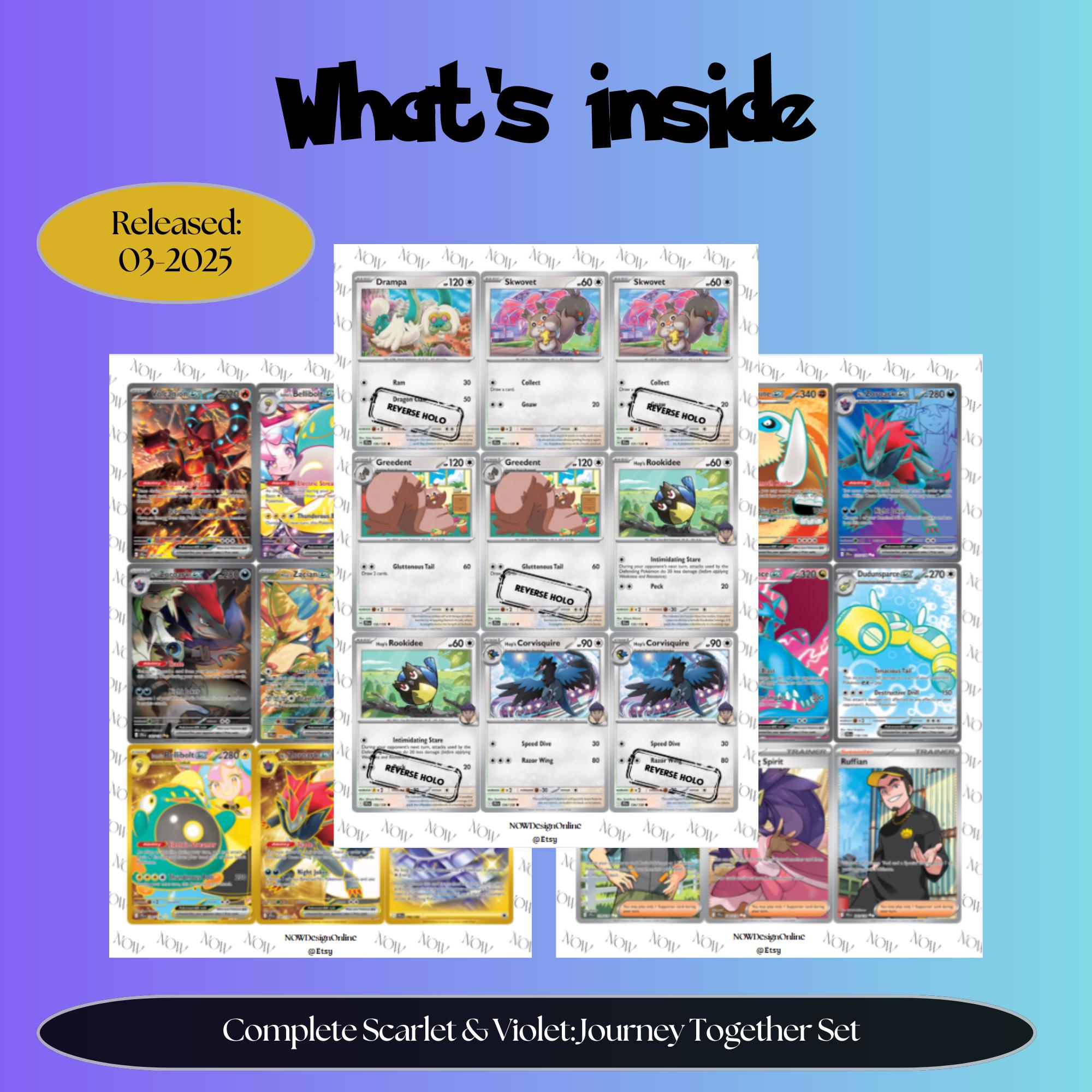 Journey Together master set overview showing the included Pokémon cards to print and a full color checklist for the Scarlet & Violet binder.