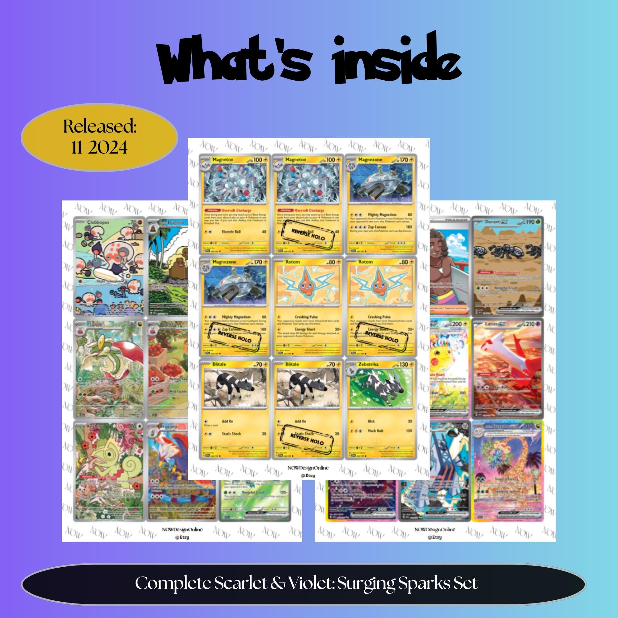 Surging Sparks master set overview showing the included Pokémon cards to print and a full color checklist for the Scarlet & Violet binder.