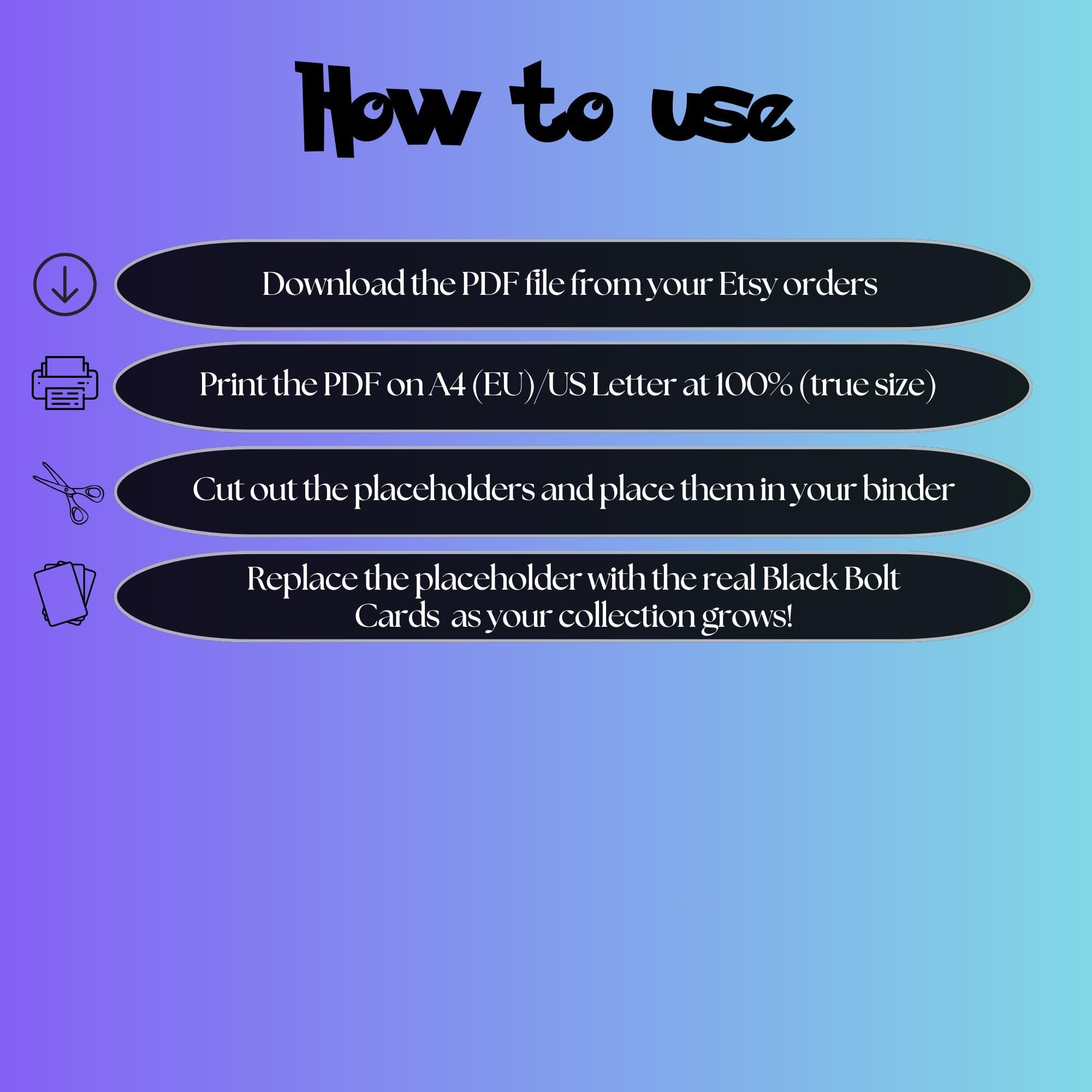 Black Bolt digital download instructions explaining how to print, cut, and place placeholders in a Pokémon binder.