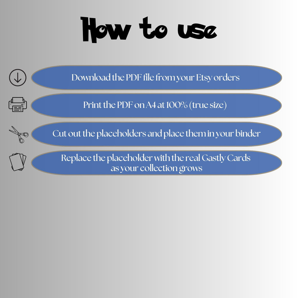 Gastly cards digital download instructions explaining how to print, cut, and place placeholders in a Pokémon binder.