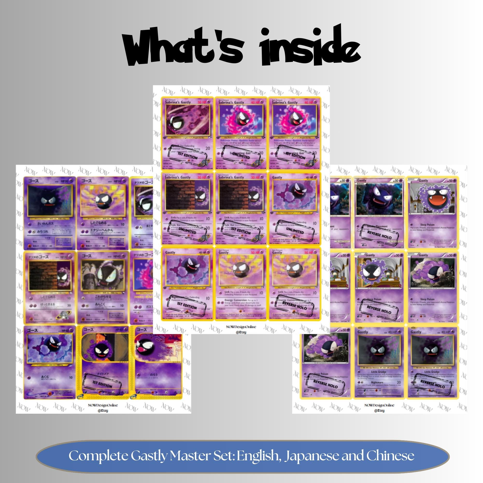 Gastly binder pages set overview showing the included Pokémon cards to print and cut for your binder sleeves.