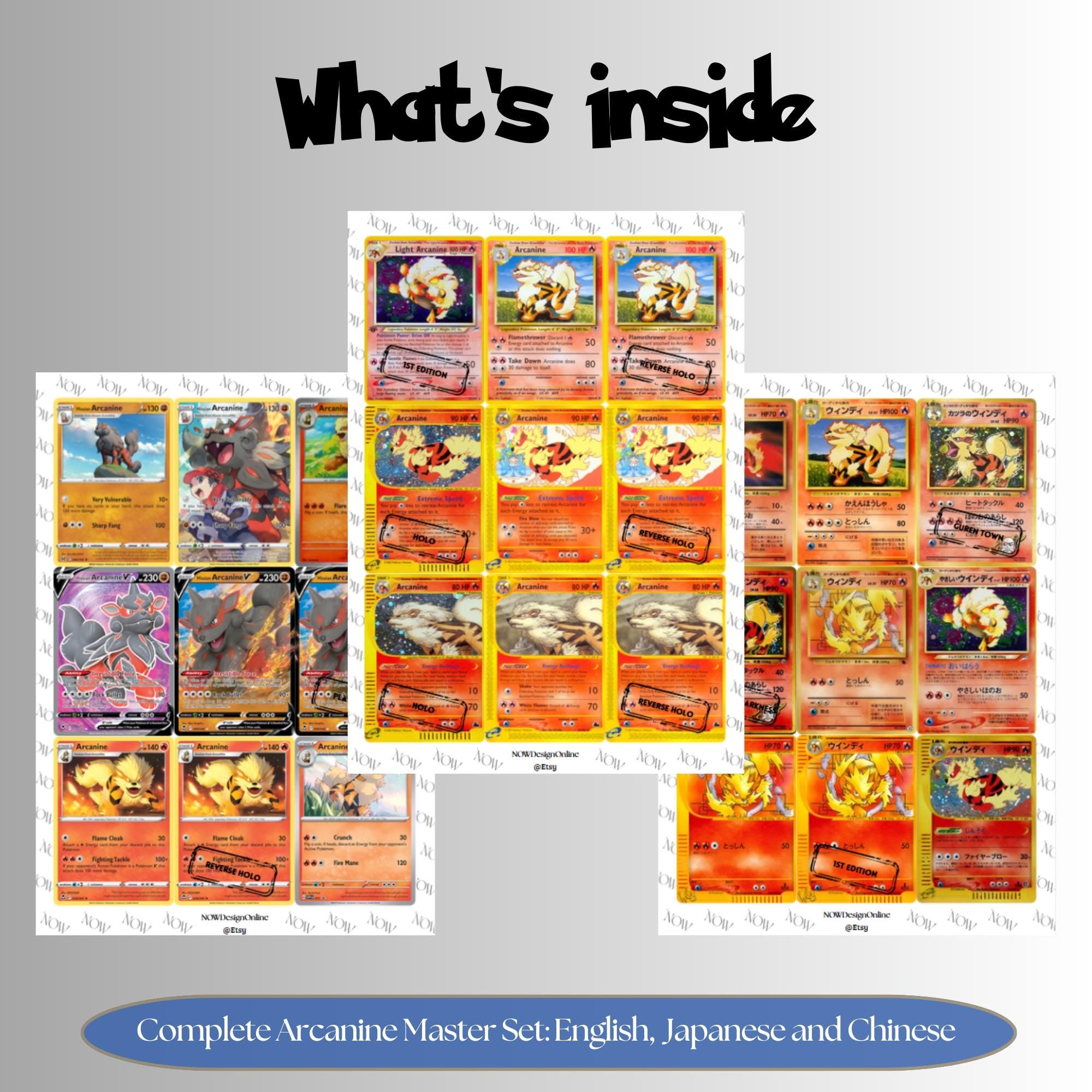 Arcanine binder pages set overview showing the included Pokémon cards to print and cut for your binder sleeves.