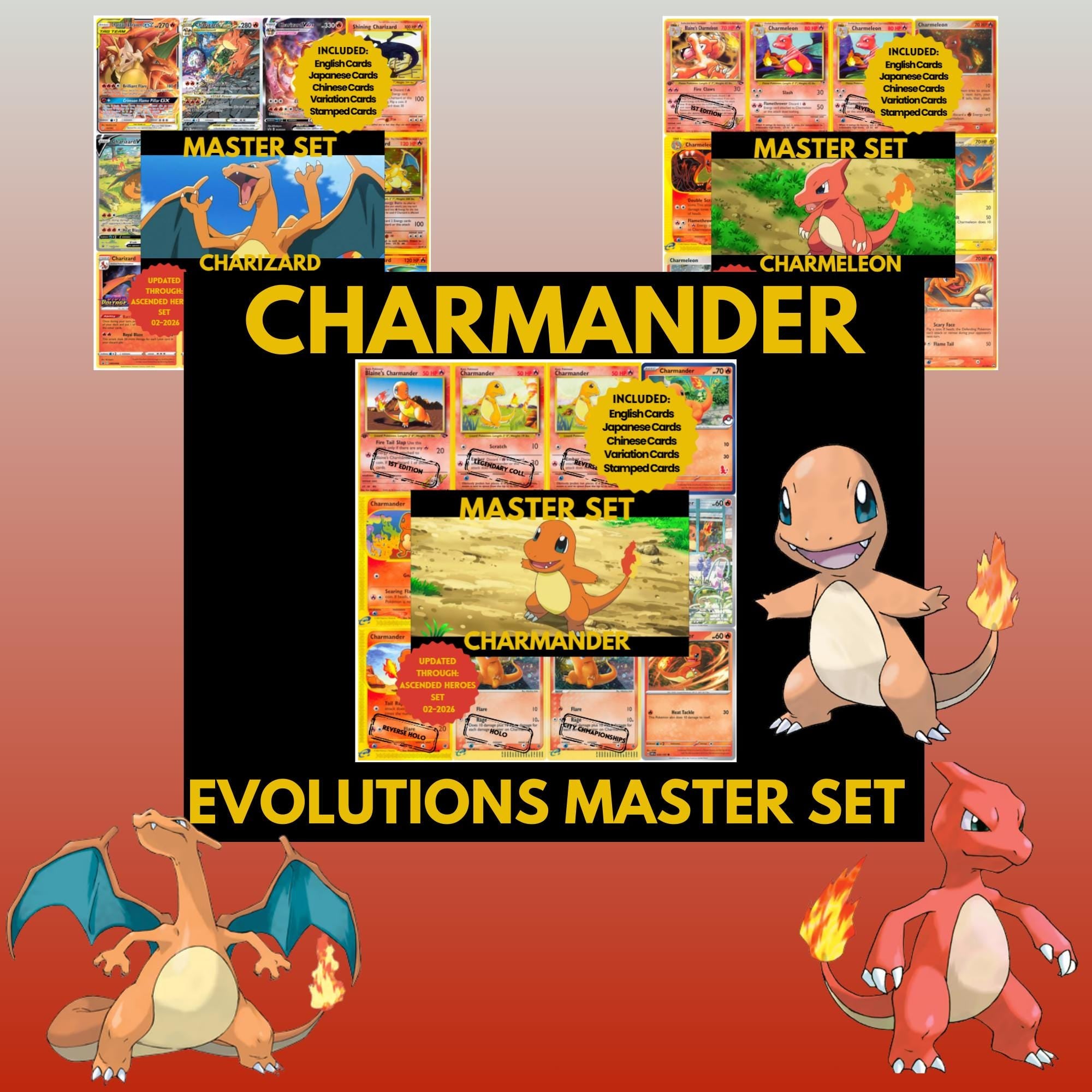 Charmander Evolutions Master Set Bundle Placeholders: English, Japanese, Chinese (PDF Downloads)