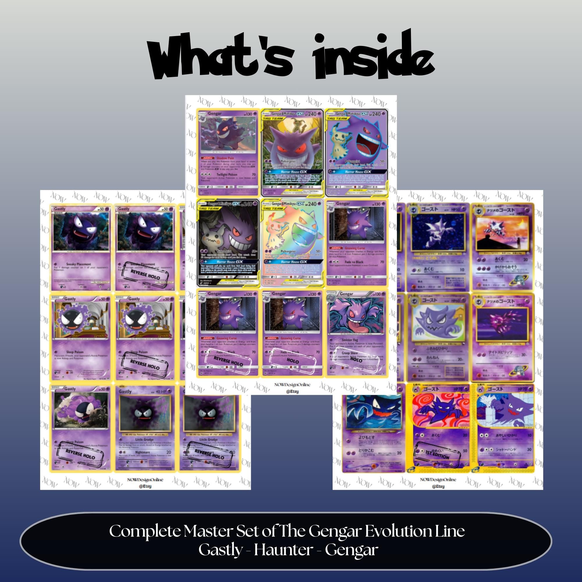 Gengar Evolutions Cameo Binder Cards set overview showing the included Pokémon cards to print and cut for your binder sleeves.