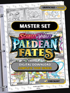 Paldean Fates master set binder page showing grayscale and color Pokémon cards, designed as a digital download with checklist to complete a collector’s binder.