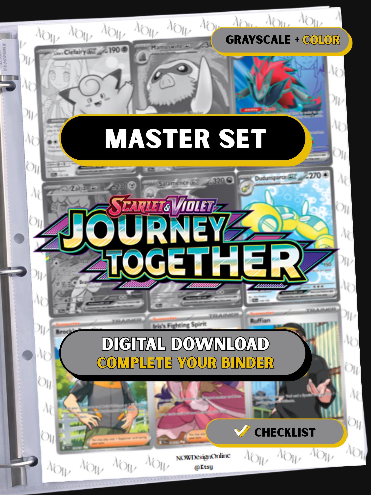 Journey Together master set binder page showing grayscale and color Pokémon cards, designed as a digital download with checklist to complete a collector’s binder