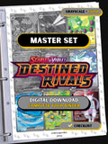 Destined Rivals master set binder page showing grayscale and color Pokémon cards, designed as a digital download with checklist to complete a collector’s binder.