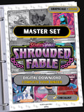 Shrouded Fable master set binder page showing grayscale and color Pokémon cards, designed as a digital download with checklist to complete a collector’s binder.