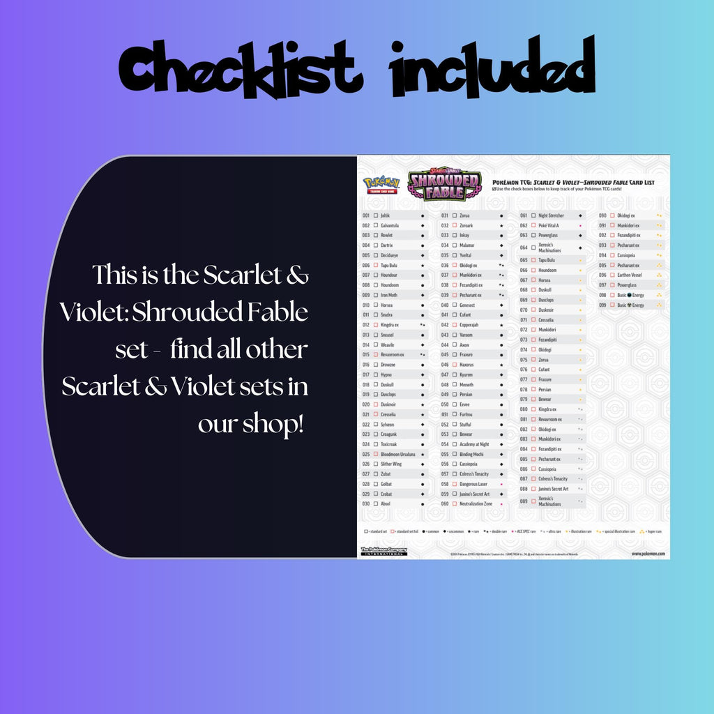 Example of the checklist that’s included to see which cards are all in the Shrouded Fable set from the Scarlet & Violet Series.