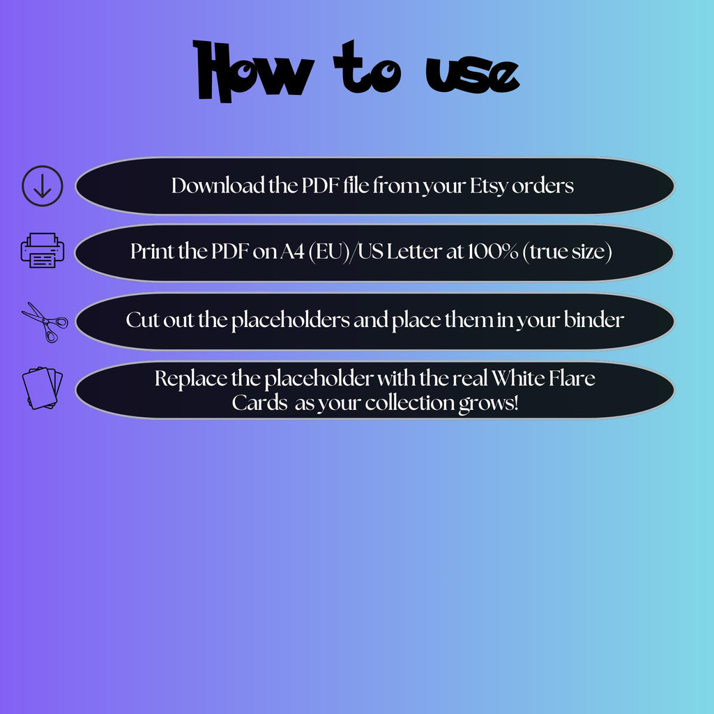 White Flare digital download instructions explaining how to print, cut, and place placeholders in a Pokémon binder.
