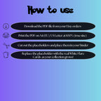 White Flare digital download instructions explaining how to print, cut, and place placeholders in a Pokémon binder.