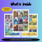 White Flare master set overview showing the included Pokémon cards to print and a full color checklist for the Scarlet & Violet binder.