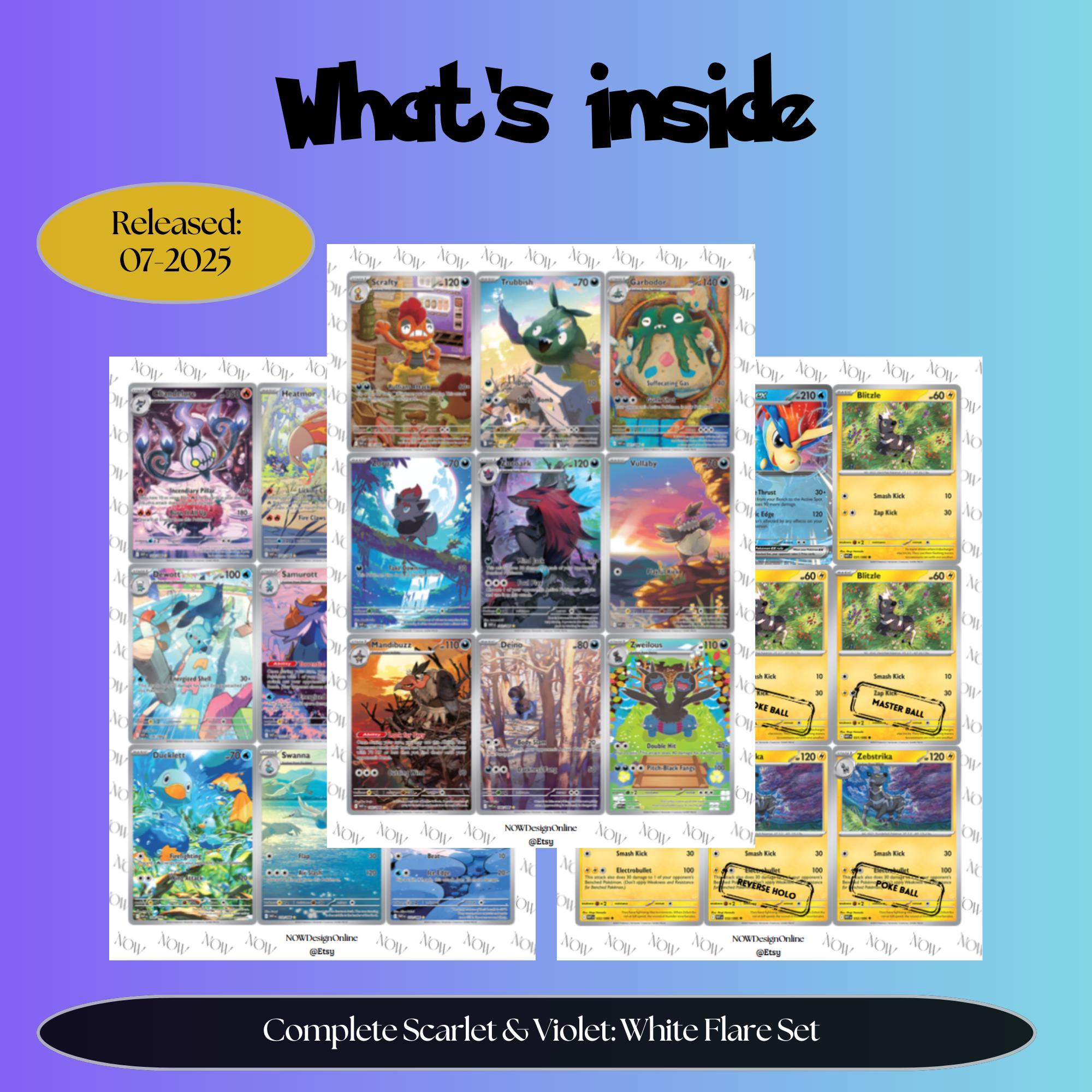 White Flare master set overview showing the included Pokémon cards to print and a full color checklist for the Scarlet & Violet binder.