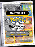 Gym Challenge master set binder page showing grayscale and color Pokémon cards, designed as a digital download with checklist to complete a collector’s binder.