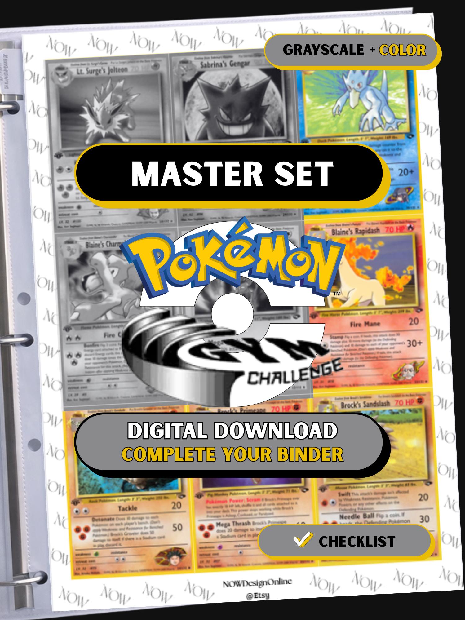 Gym Challenge master set binder page showing grayscale and color Pokémon cards, designed as a digital download with checklist to complete a collector’s binder.