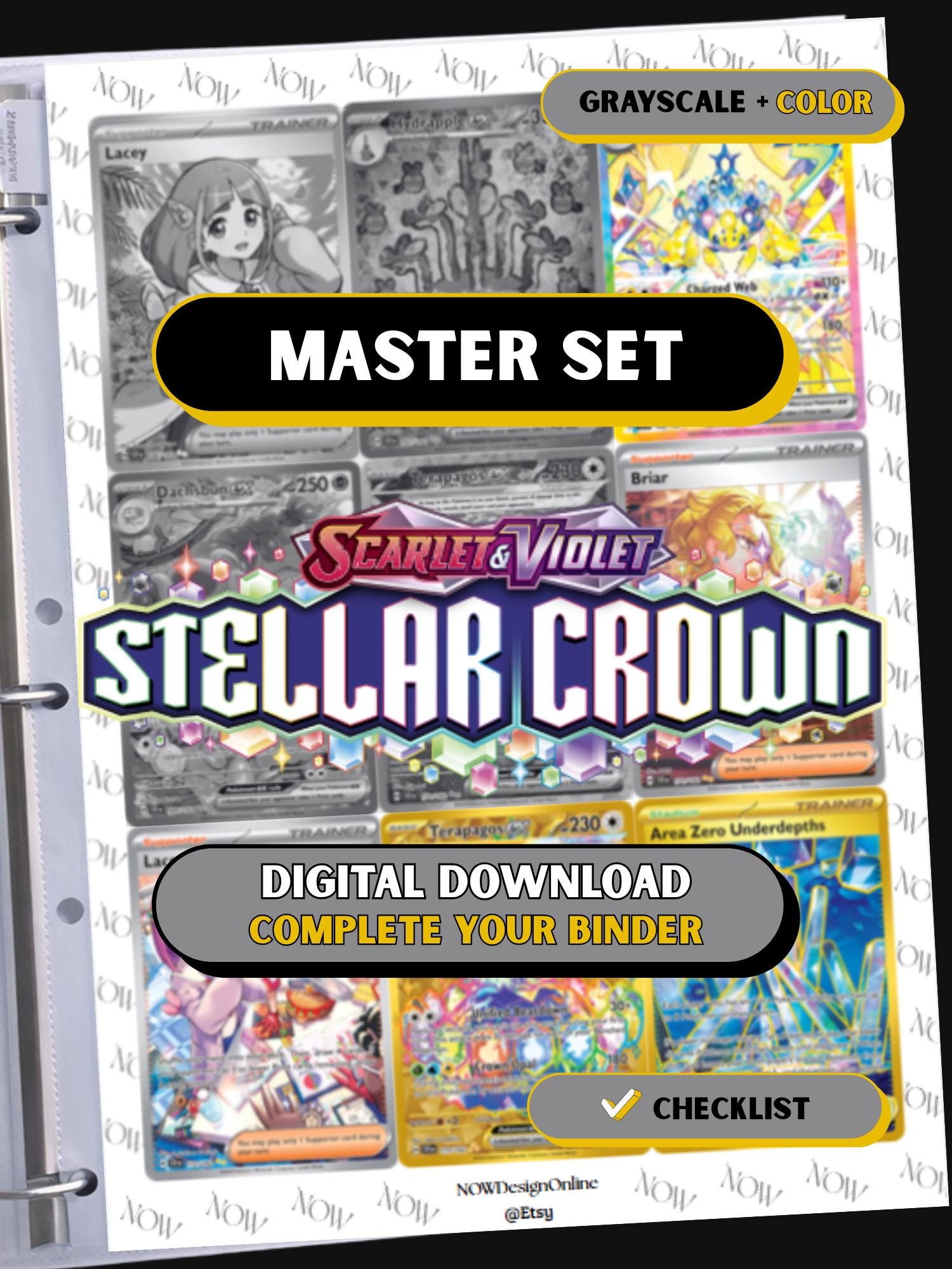 Stellar Crown master set binder page showing grayscale and color Pokémon cards, designed as a digital download with checklist to complete a collector’s binder.