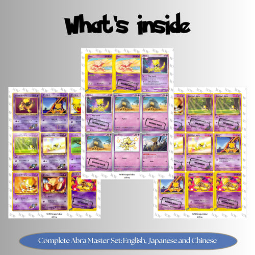 Abra binder pages set overview showing the included Pokémon cards to print and cut for your binder sleeves.