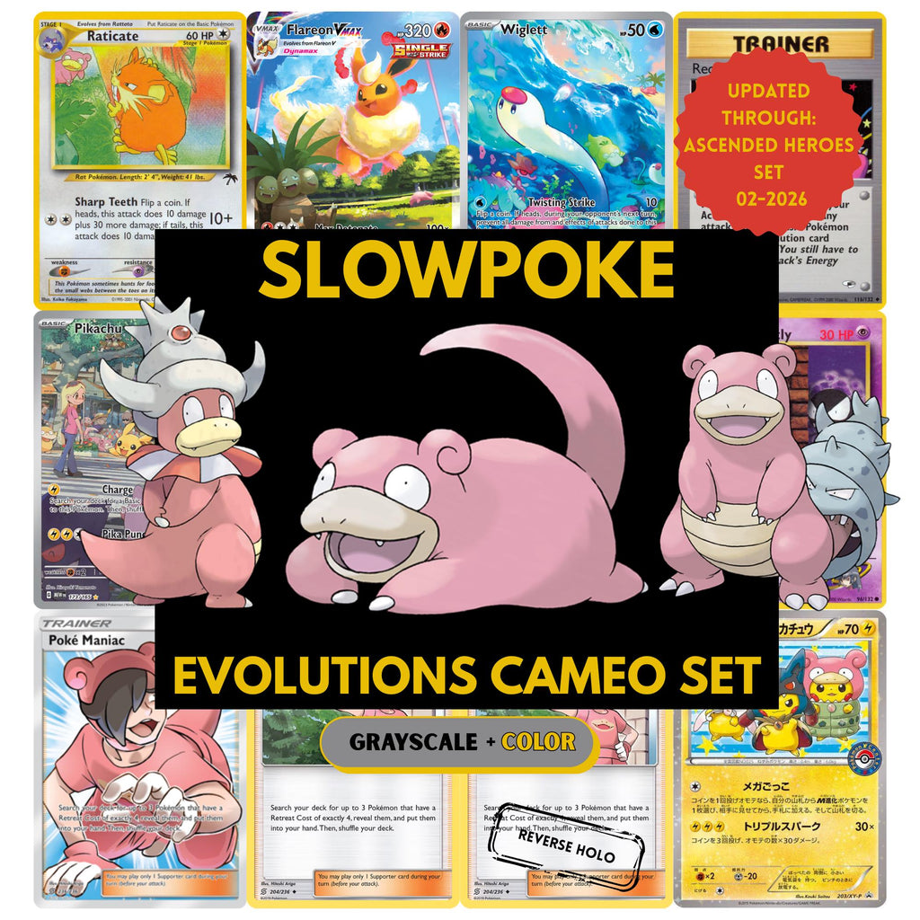 Slowpoke Evolutions set binder page showing grayscale and color Pokémon cards, designed as a digital download to complete a collector’s binder.