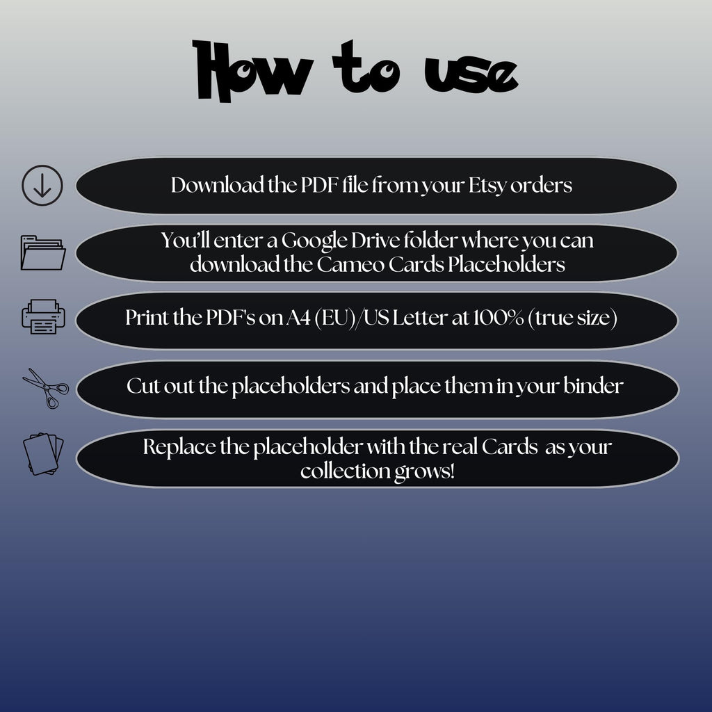 Psyduck cameo cards digital download instructions explaining how to print, cut, and place placeholders in a Pokémon binder.