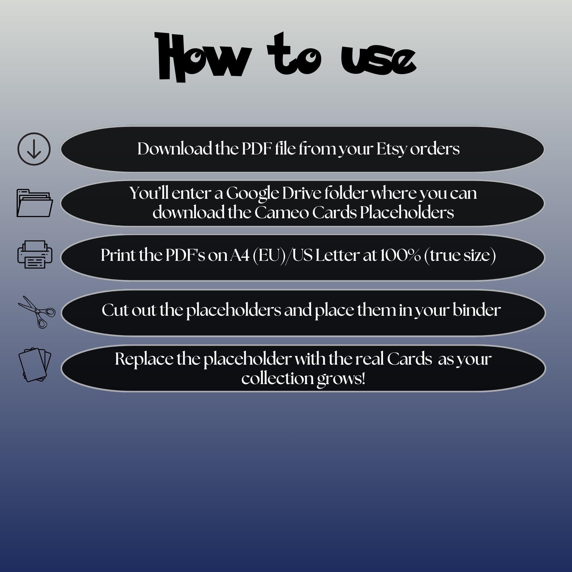 Psyduck cameo cards digital download instructions explaining how to print, cut, and place placeholders in a Pokémon binder.