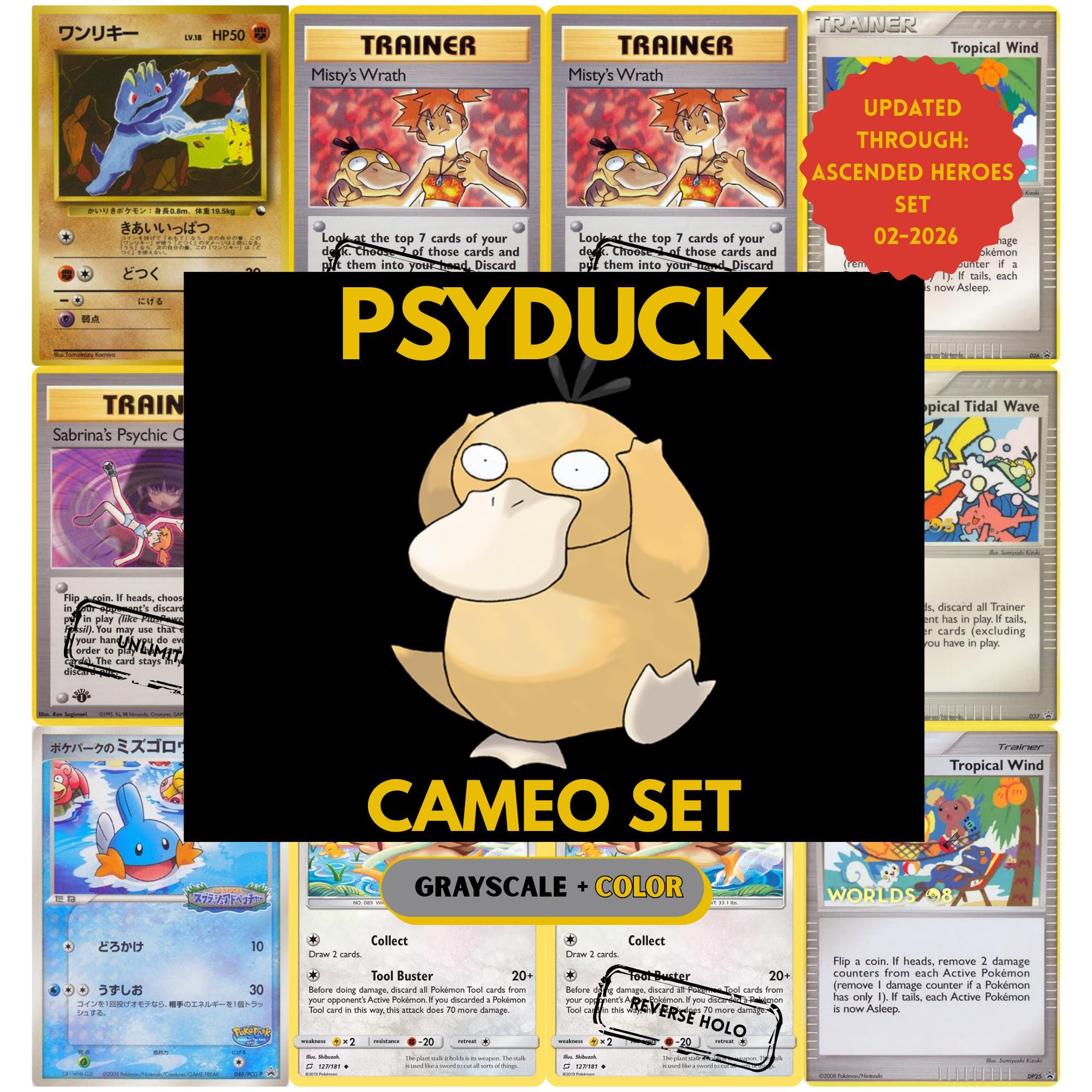 Psyduck Cameo binder pages set showing grayscale and color Pokémon cards, designed as a digital download to complete a collector’s binder.