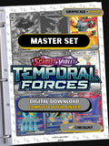 Temporal Forces master set binder page showing grayscale and color Pokémon cards, designed as a digital download with checklist to complete a collector’s binder.