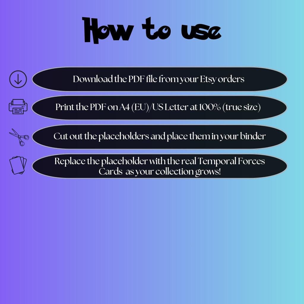 Temporal Forces digital download instructions explaining how to print, cut, and place placeholders in a Pokémon binder.