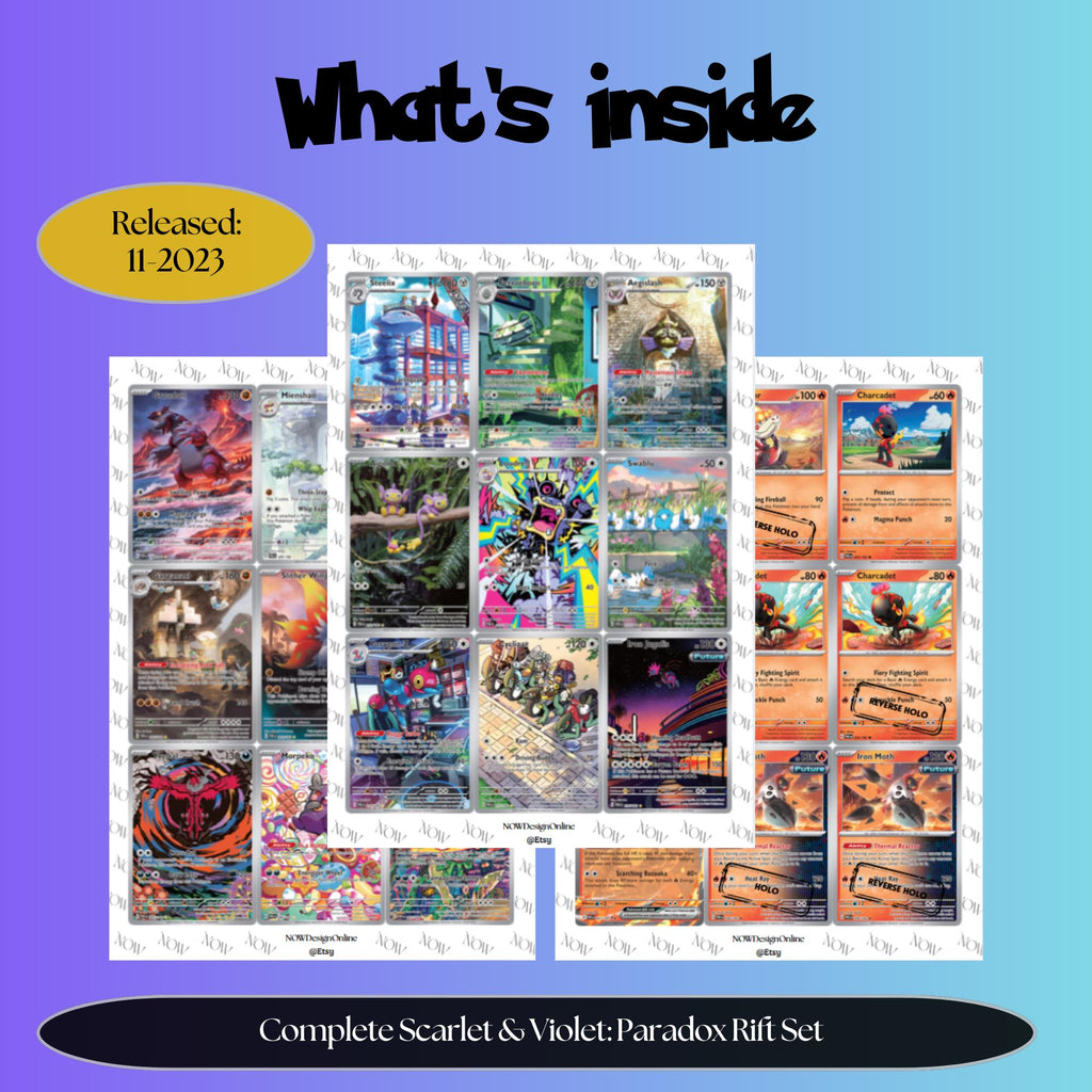 Paradox Rift master set overview showing the included Pokémon cards to print and a full color checklist for the Scarlet Violet binder.